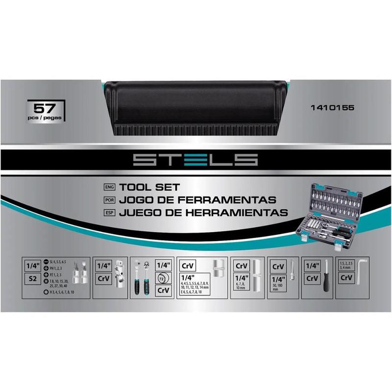 Jogo de Soquetes 1/4 POL Kit 57 Peças com Catraca 1410155 STELS